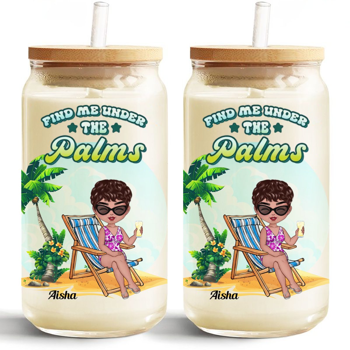 Find Me Under The Palms - Personalized Glass Can - Makezbright Gifts