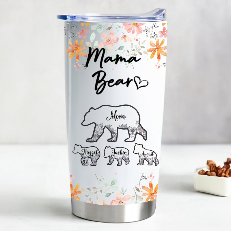Floral Mama Bear 20oz Stainless Steel Tumbler - Customizable Insulated Cup - Makezbright Gifts