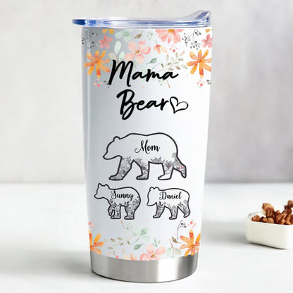 Floral Mama Bear 20oz Stainless Steel Tumbler - Customizable Insulated Cup - Makezbright Gifts