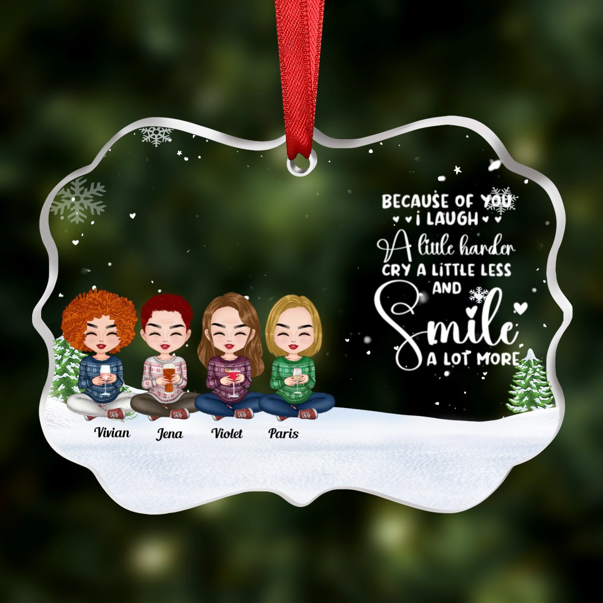 Friends - Because Of You I Laugh A Little Harder Cry A Little Less And Smile A Lot More - Personalized Transparent Ornament (Ver 2) - Makezbright Gifts