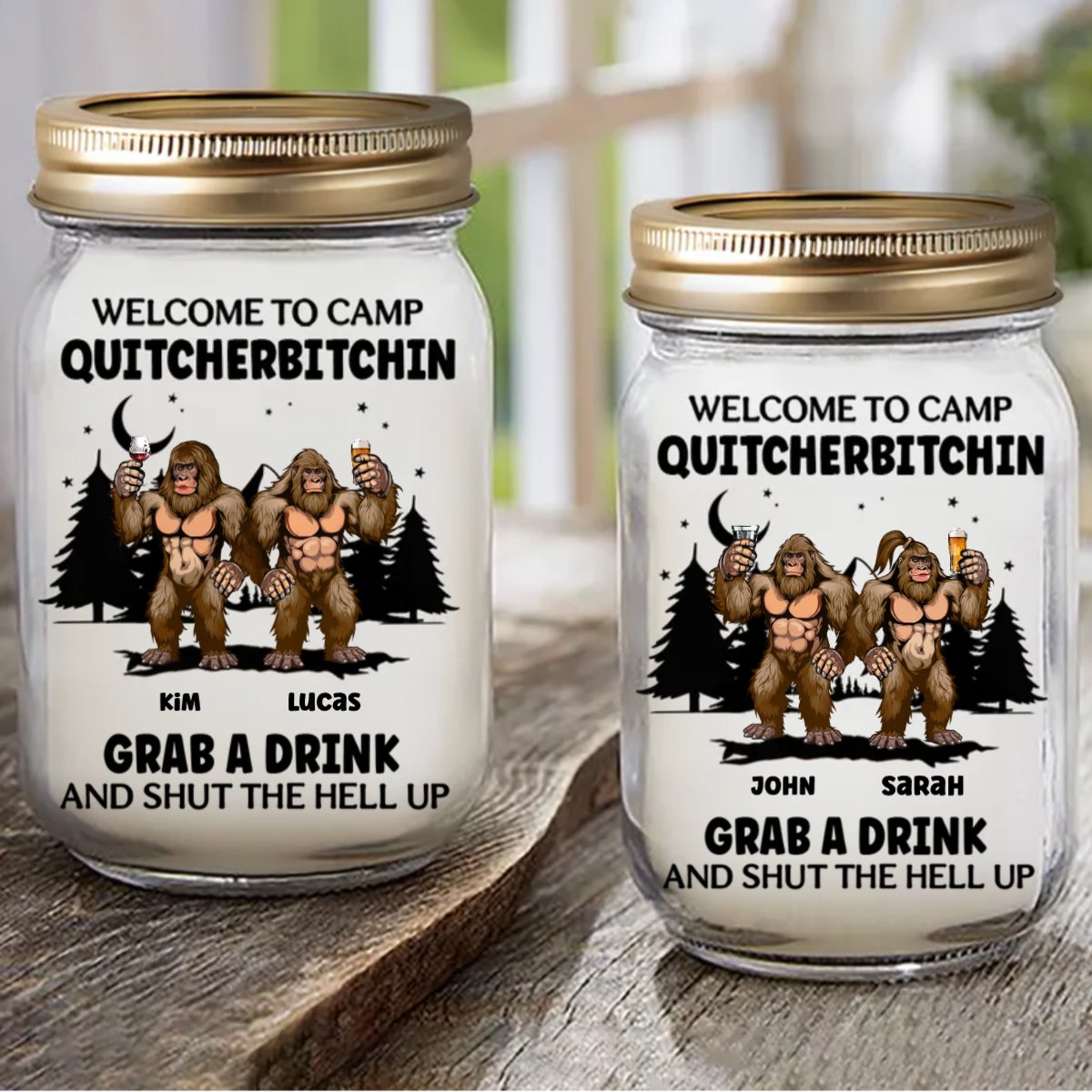 Friends - Bigfoot Welcome To Camp Quitcherbitchins Camping - Personalized Mason Jar Light - Makezbright Gifts