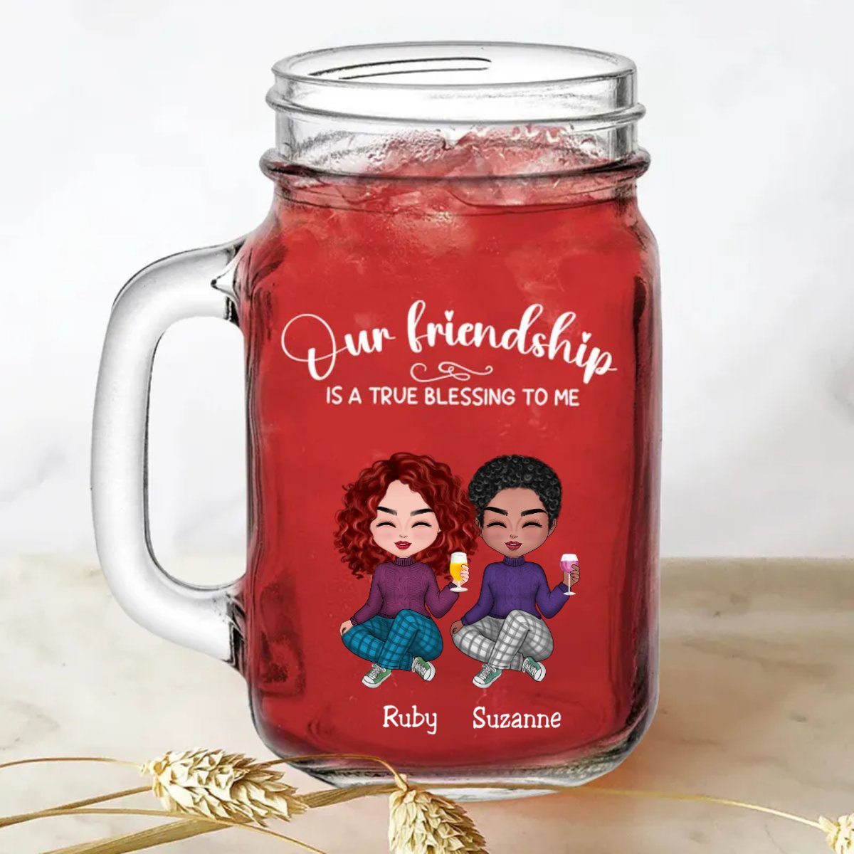 Friends - Our Friendship Is A True Blessing To Me - Personalize Drinking Jar (White) - Makezbright Gifts