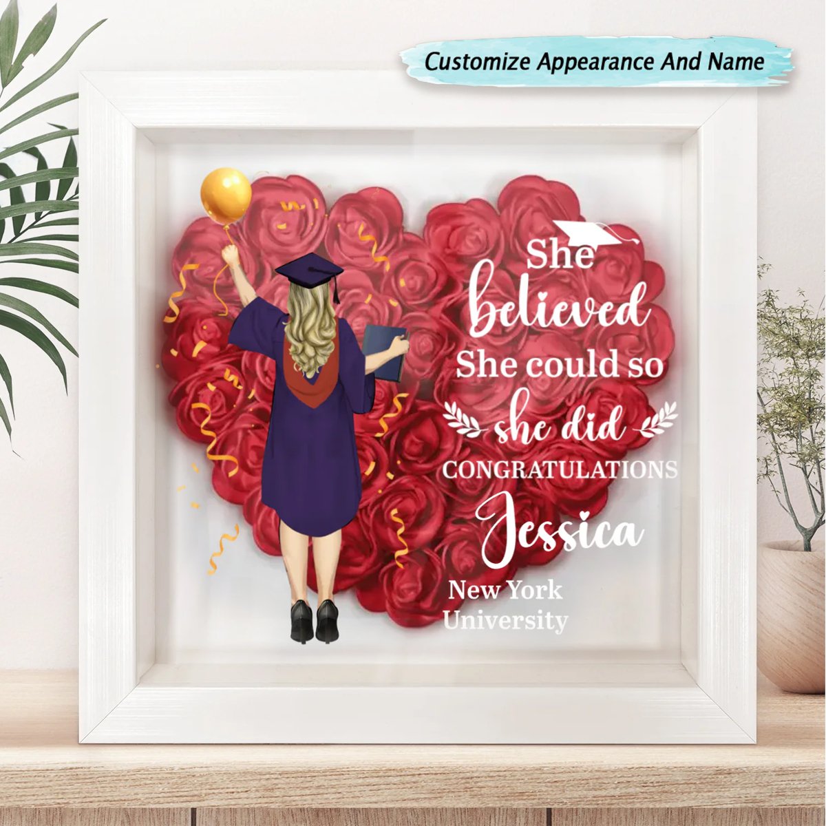 Graduation - She Believed She Could So She Did - Personalized Flower Shadow Box - Makezbright Gifts