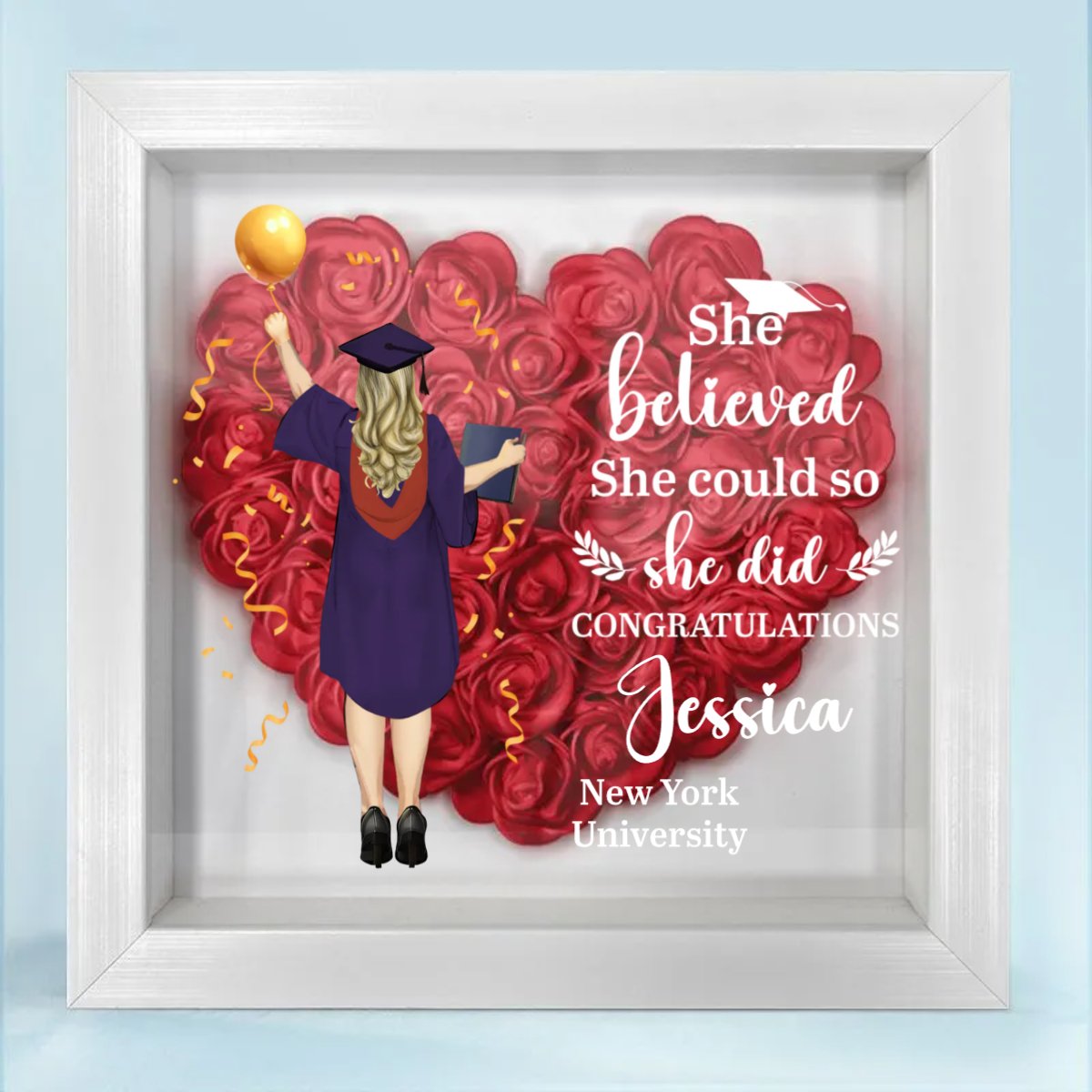 Graduation - She Believed She Could So She Did - Personalized Flower Shadow Box - Makezbright Gifts