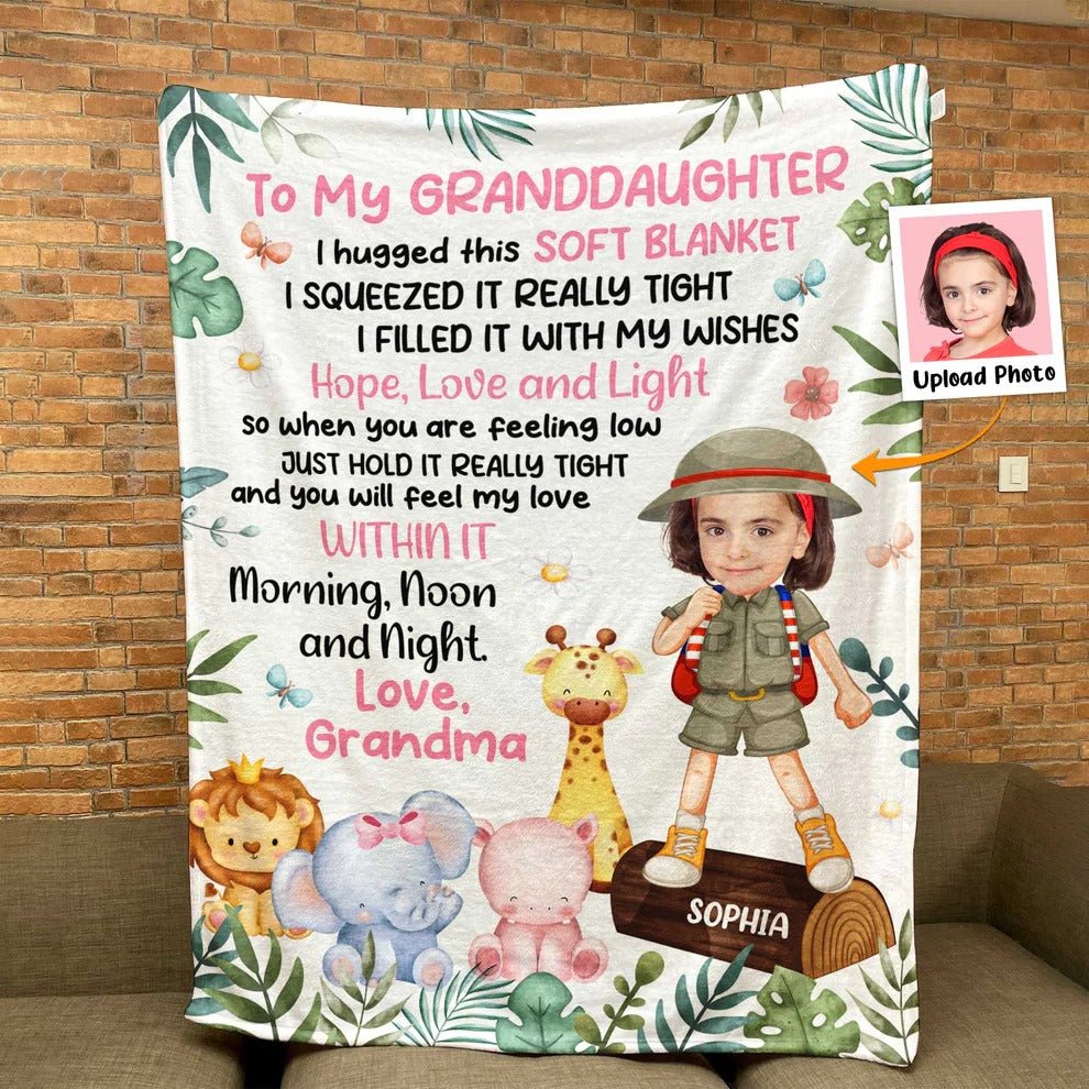 Granddaughter - Custom Photo Safari Animals Kids - Personalized Photo Blanket - Makezbright Gifts