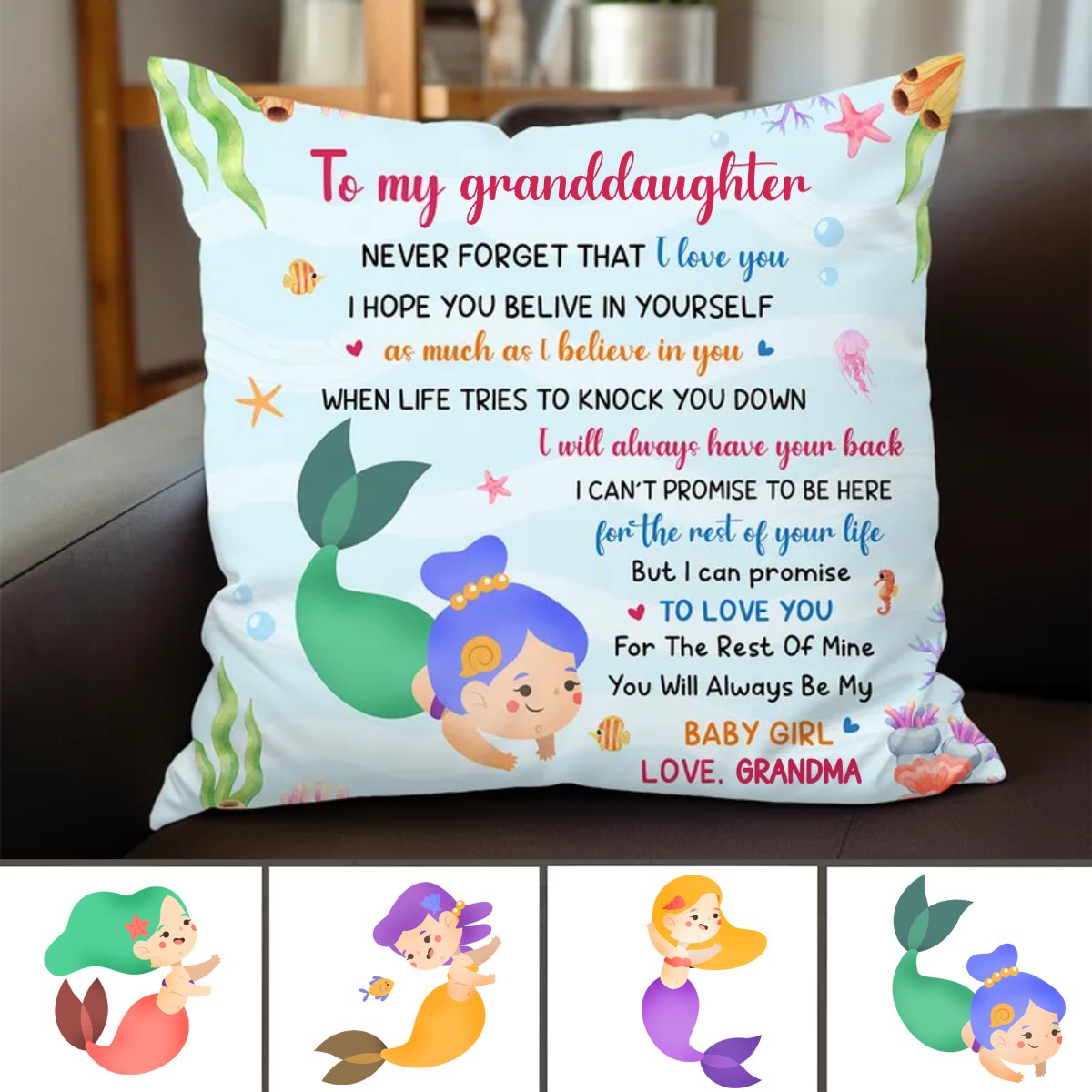 Granddaughter Little Mermaid - Personalized Pillow - Makezbright Gifts