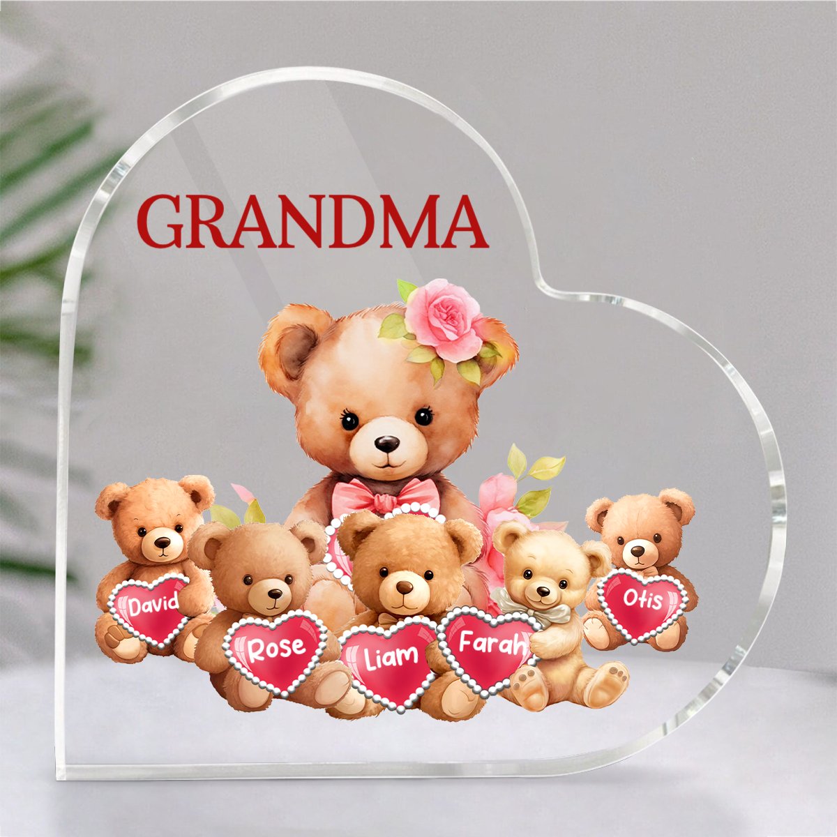 Grandma - Mama Bear With Little Kids - Personalized Heart Acrylic Plaque - Makezbright Gifts