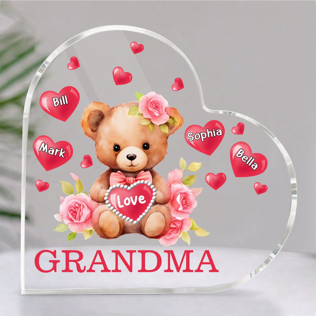 Grandma/Mom - Mama Bear With Heart Kids - Personalized Heart Acrylic Plaque - Makezbright Gifts