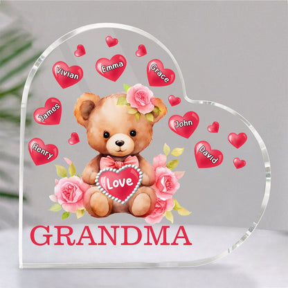 Grandma/Mom - Mama Bear With Heart Kids - Personalized Heart Acrylic Plaque - Makezbright Gifts