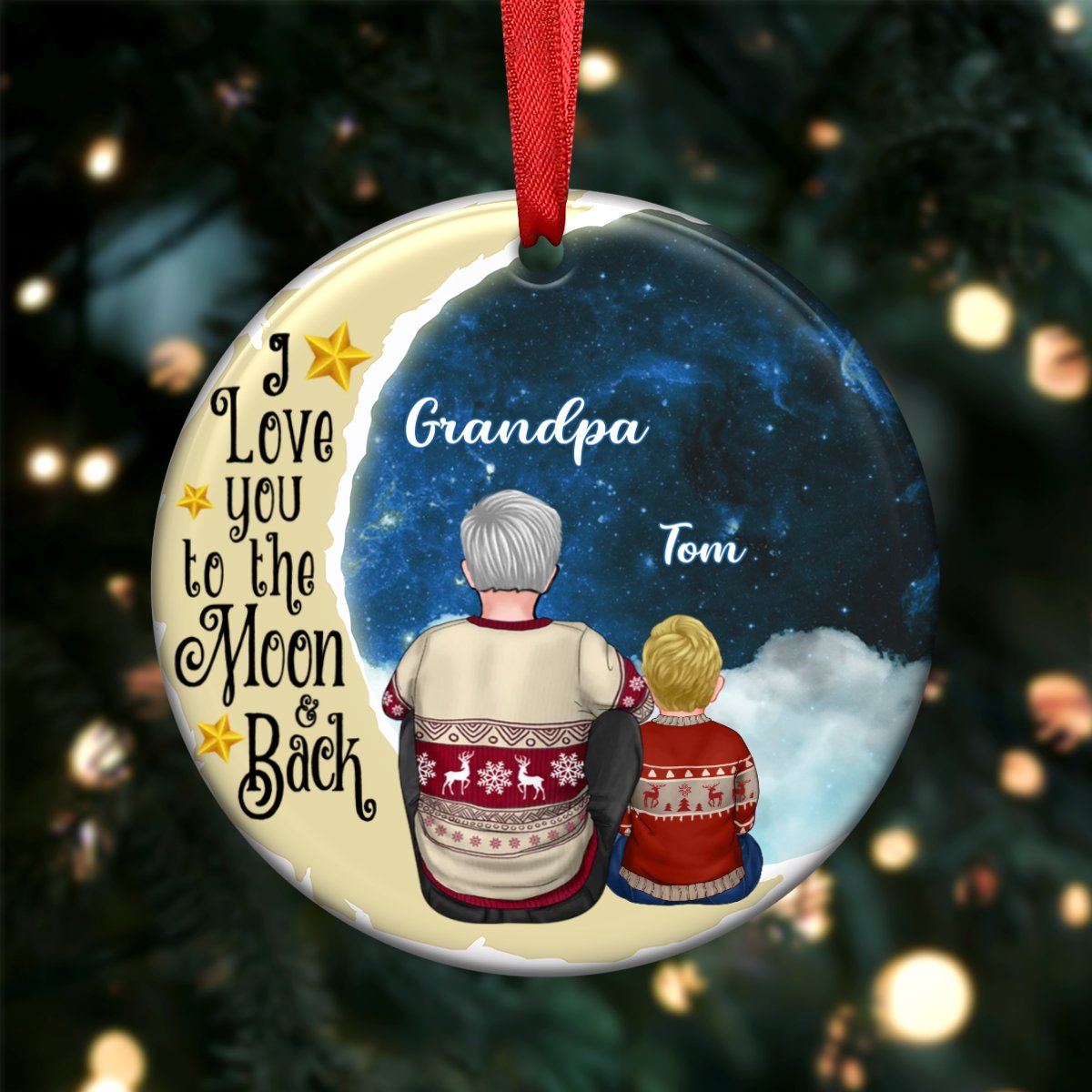 Grandpa - Grandpa Grandkids On Moon - Personalized Circle Ornament - Makezbright Gifts