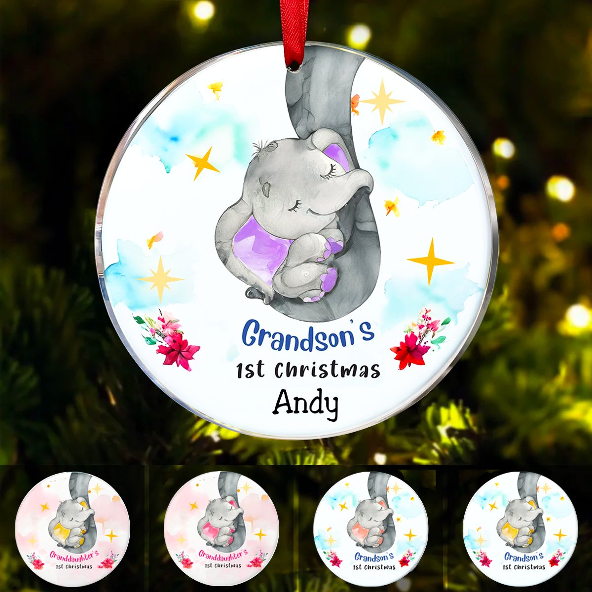 Grandson Granddaughter - Elephant Baby First Christmas - Personalized Circle Ornament - Makezbright Gifts