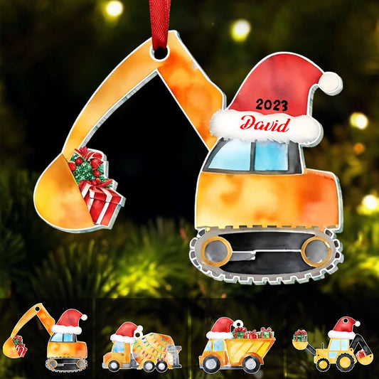 Grandson - Truck Excavator Christmas - Personalized Ornament - Makezbright Gifts