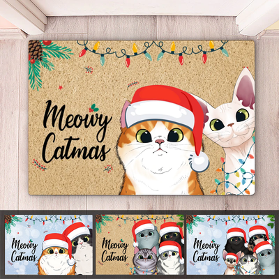 Cat Lover -  Meowy Catmas Cute Peeking Fluffy Cat Christmas - Personalized Doormat - Makezbright Gifts