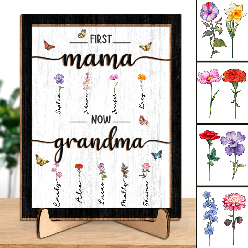 Mother - First Mom Now Grandma - Personalized 2-Layered Wooden Plaque With Stand