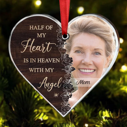 Memorial - Haft Of My Heart Is In Heaven With My Angel - Personalized Heart Ornament - Makezbright Gifts