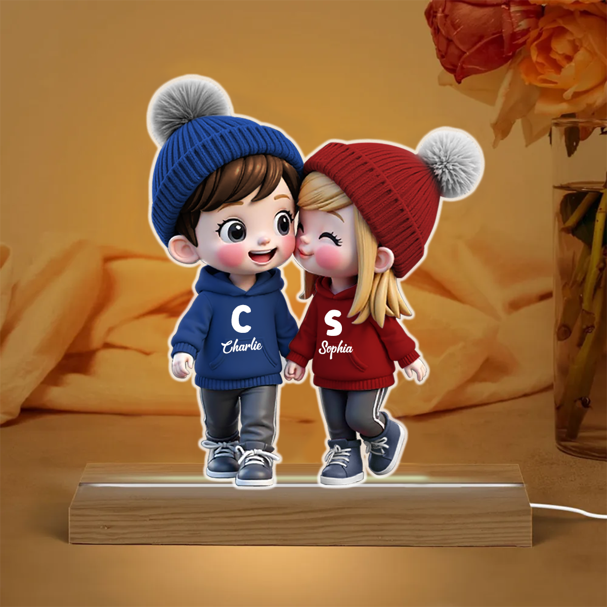 3D Effect Cute Cartoon Couple Walking Personalized Custom Shaped LED Night Light, Gift for Him, Gift for Her