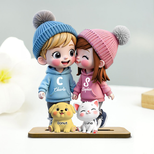 3D Cute Cartoon Couple You Me And The Dog Cat Personalized Standing Wooden Plaque, Gift for Him, Gift for Her