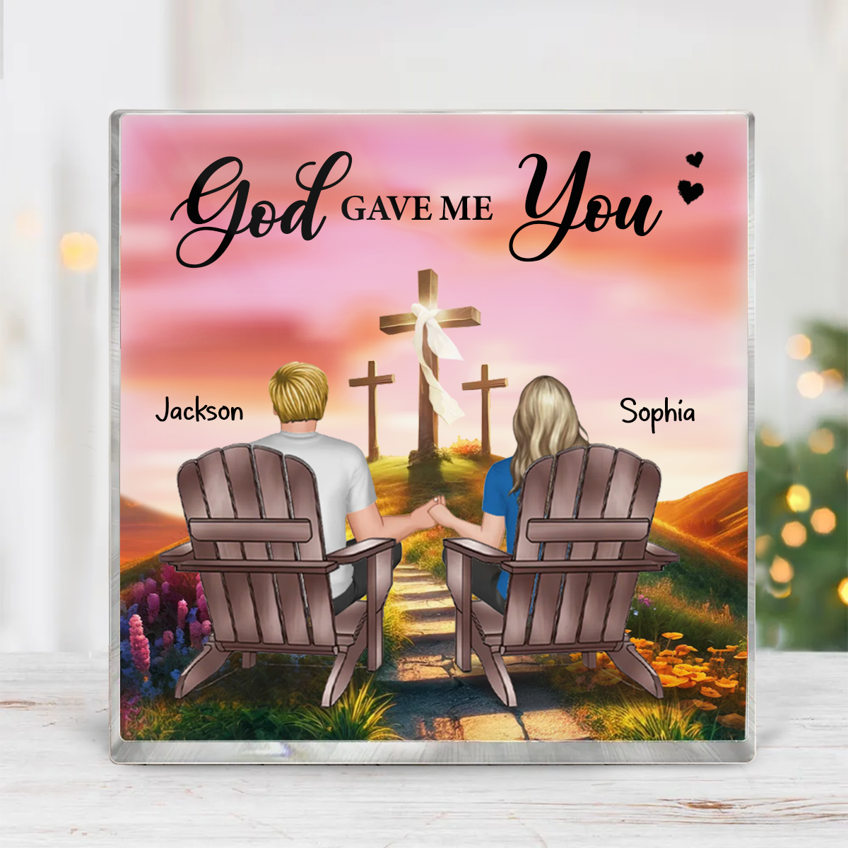 Cross God Knew My Heart Needed You Old Couple Sitting Together Personalized Acrylic Block Plaque, Anniversary Valentine's Day Gift For Him, Her, Husband, Wife