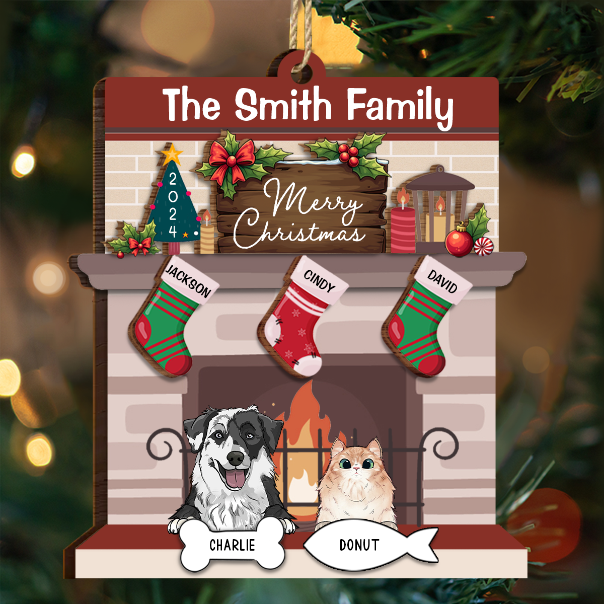 Family Fire Place Stocking Christmas - Personalized Wooden Ornament