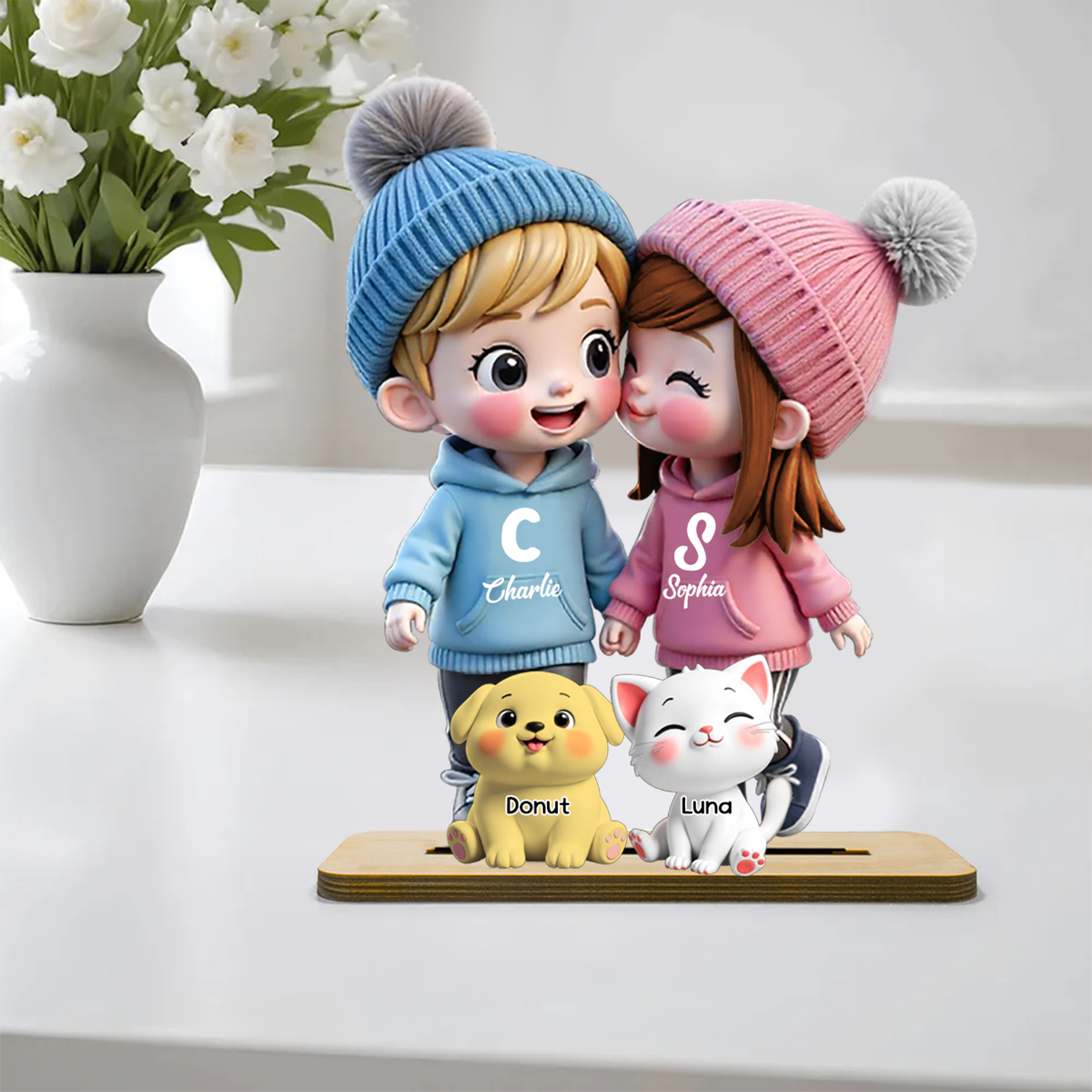 3D Cute Cartoon Couple You Me And The Dog Cat Personalized Standing Wooden Plaque, Gift for Him, Gift for Her