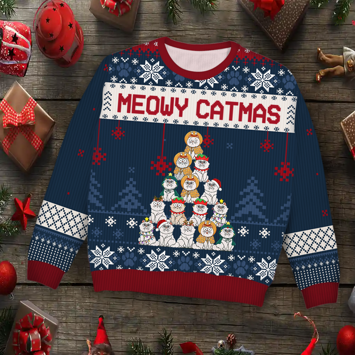 Meowy Catmas Christmas Tree Cartoon Style - Gift For Cat Lovers - Personalized Unisex Ugly Sweater