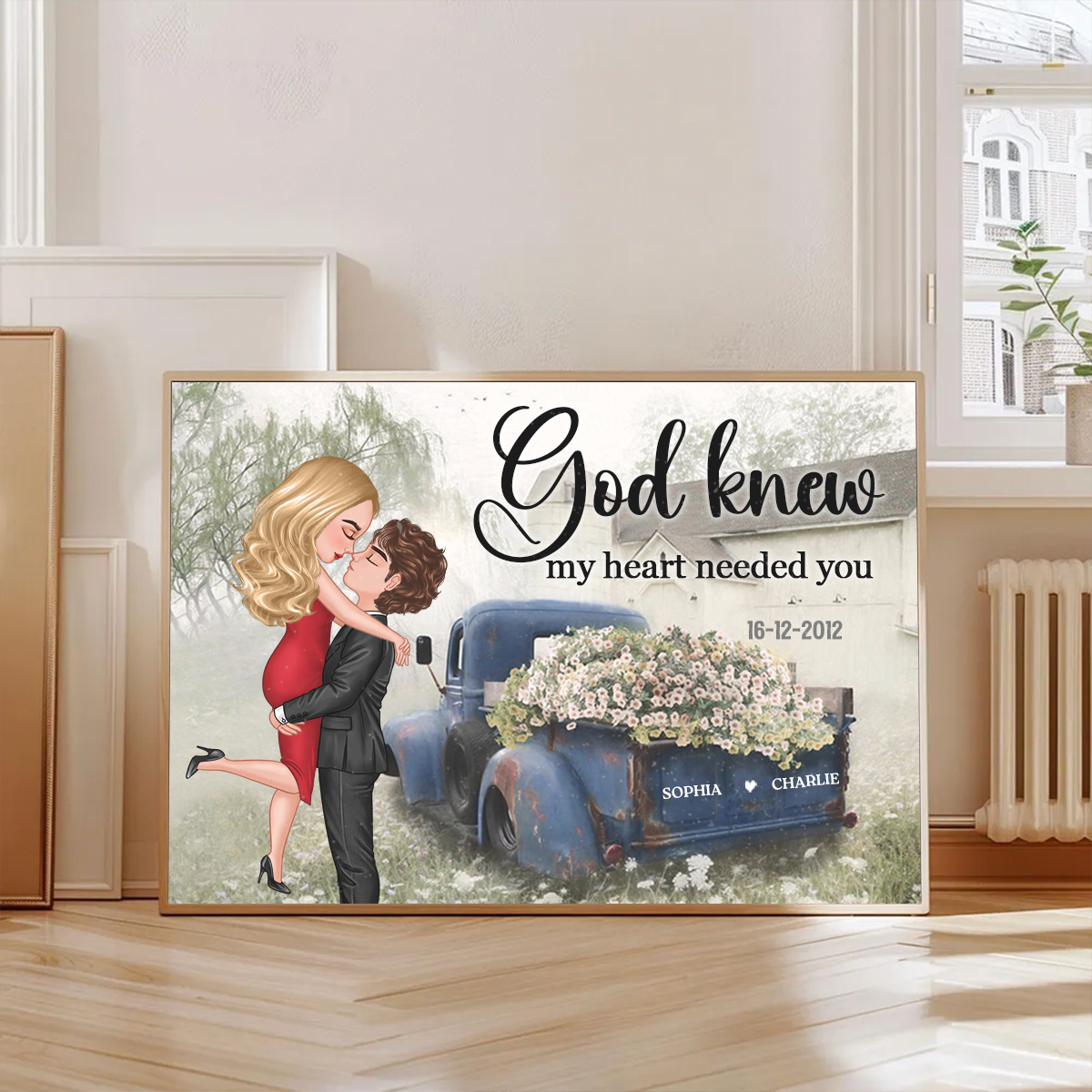 Red Vintage Truck Farmhouse Couple Hugging Kissing Personalized Poster, Anniversary Valentine's Day Gift For Him, For Her