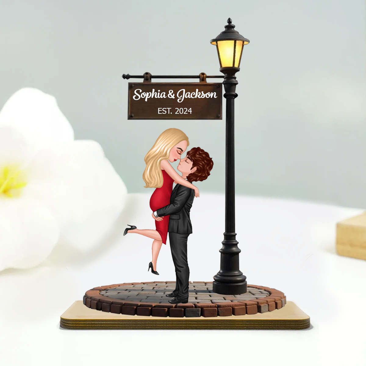 Couple Kissing Under Lamp Post Personalized Standing Wooden Plaque, Heartfelt 2025 Gift For Couple, For Him, For Her, Boyfriend, Girlfriend, Husband, Wife