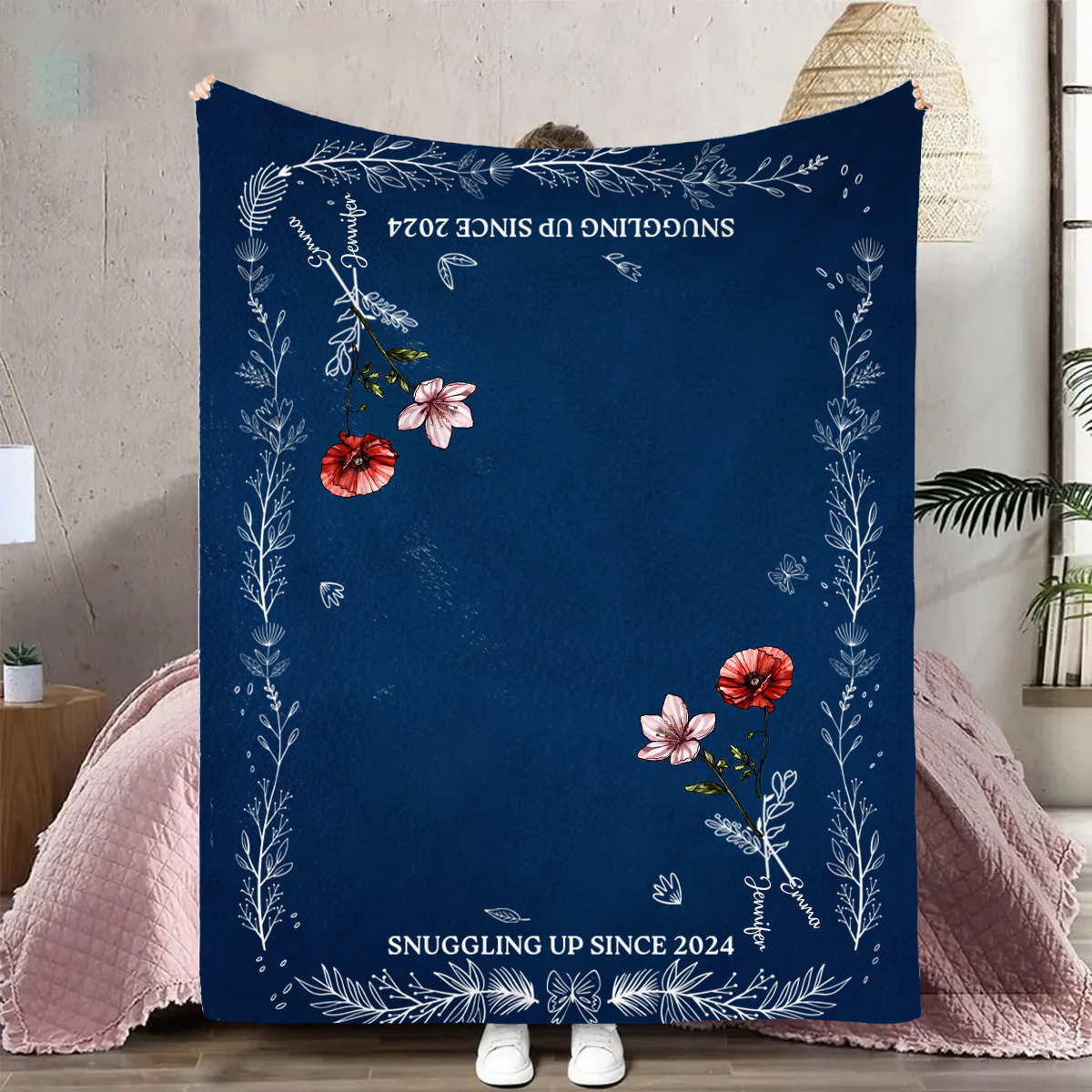 Birth Flower Snuggling Up - Personalized Fleece Blanket, Sherpa Blanket