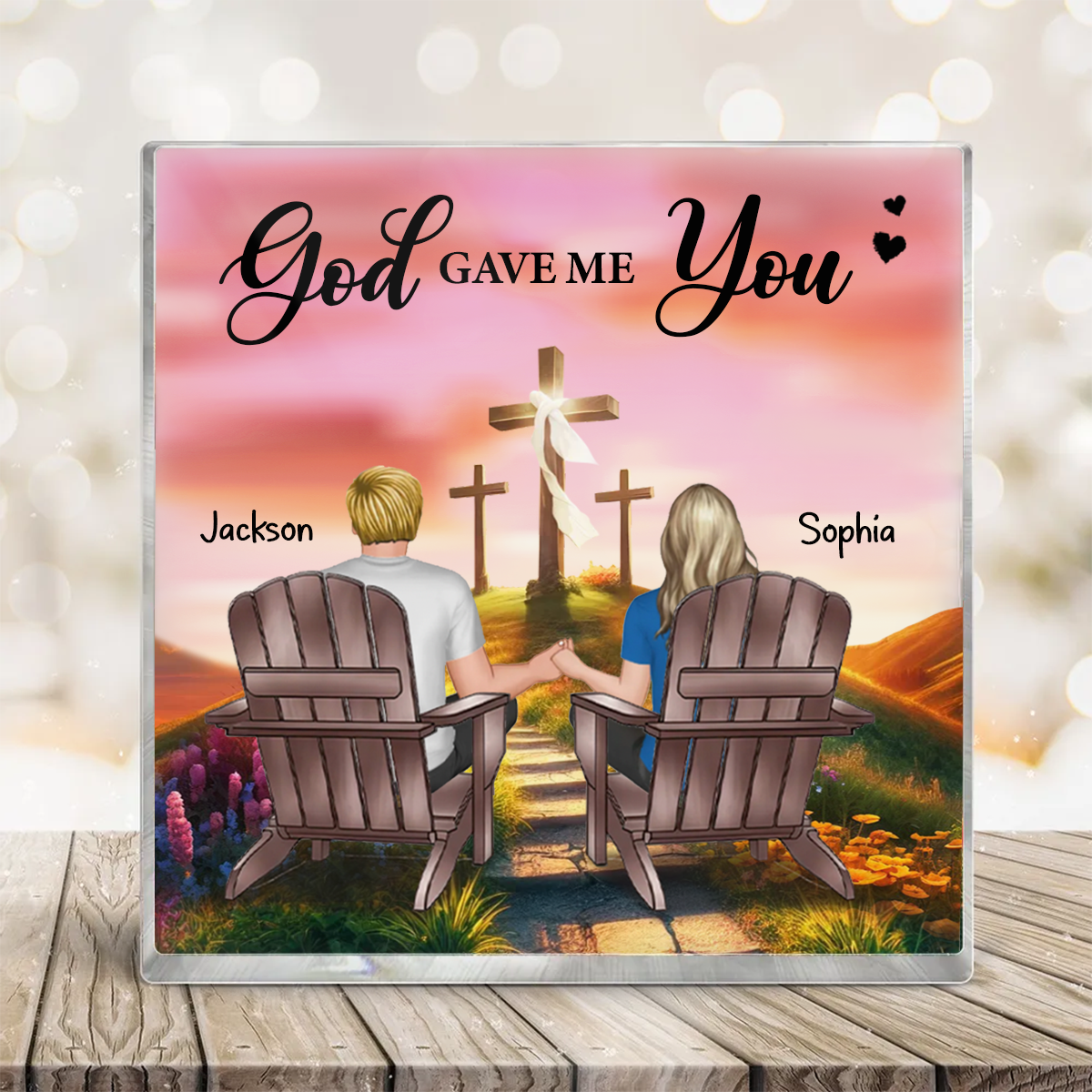 Cross God Knew My Heart Needed You Old Couple Sitting Together Personalized Acrylic Block Plaque, Anniversary Valentine's Day Gift For Him, Her, Husband, Wife