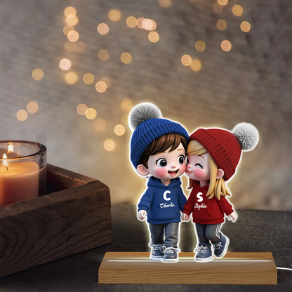 3D Effect Cute Cartoon Couple Walking Personalized Custom Shaped LED Night Light, Gift for Him, Gift for Her