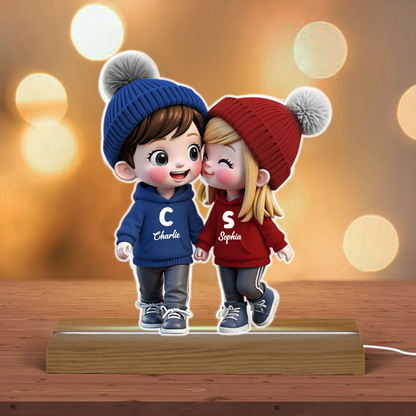 3D Effect Cute Cartoon Couple Walking Personalized Custom Shaped LED Night Light, Gift for Him, Gift for Her