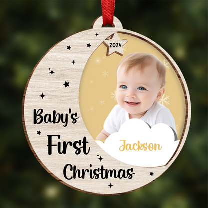 Custom Photo New Baby's First Christmas - Personalized 2-Layered Wooden Ornament