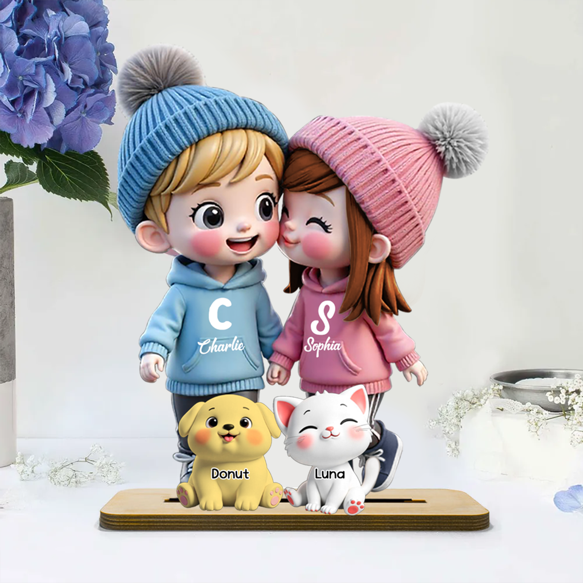 3D Cute Cartoon Couple You Me And The Dog Cat Personalized Standing Wooden Plaque, Gift for Him, Gift for Her