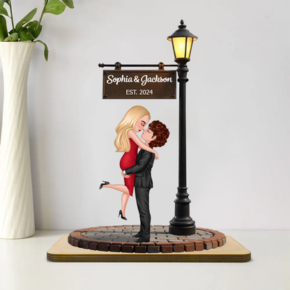 Couple Kissing Under Lamp Post Personalized Standing Wooden Plaque, Heartfelt 2025 Gift For Couple, For Him, For Her, Boyfriend, Girlfriend, Husband, Wife