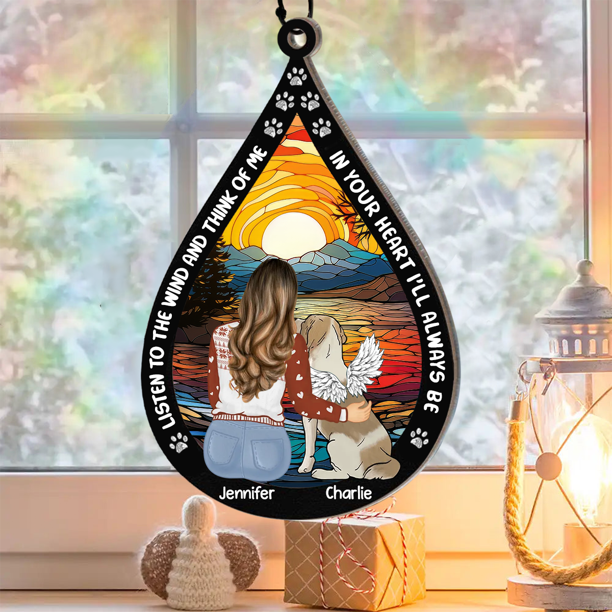 Dog Cat Memorial Listen To The Wind And Think Of Me - Personalized Window Hanging Suncatcher Ornament