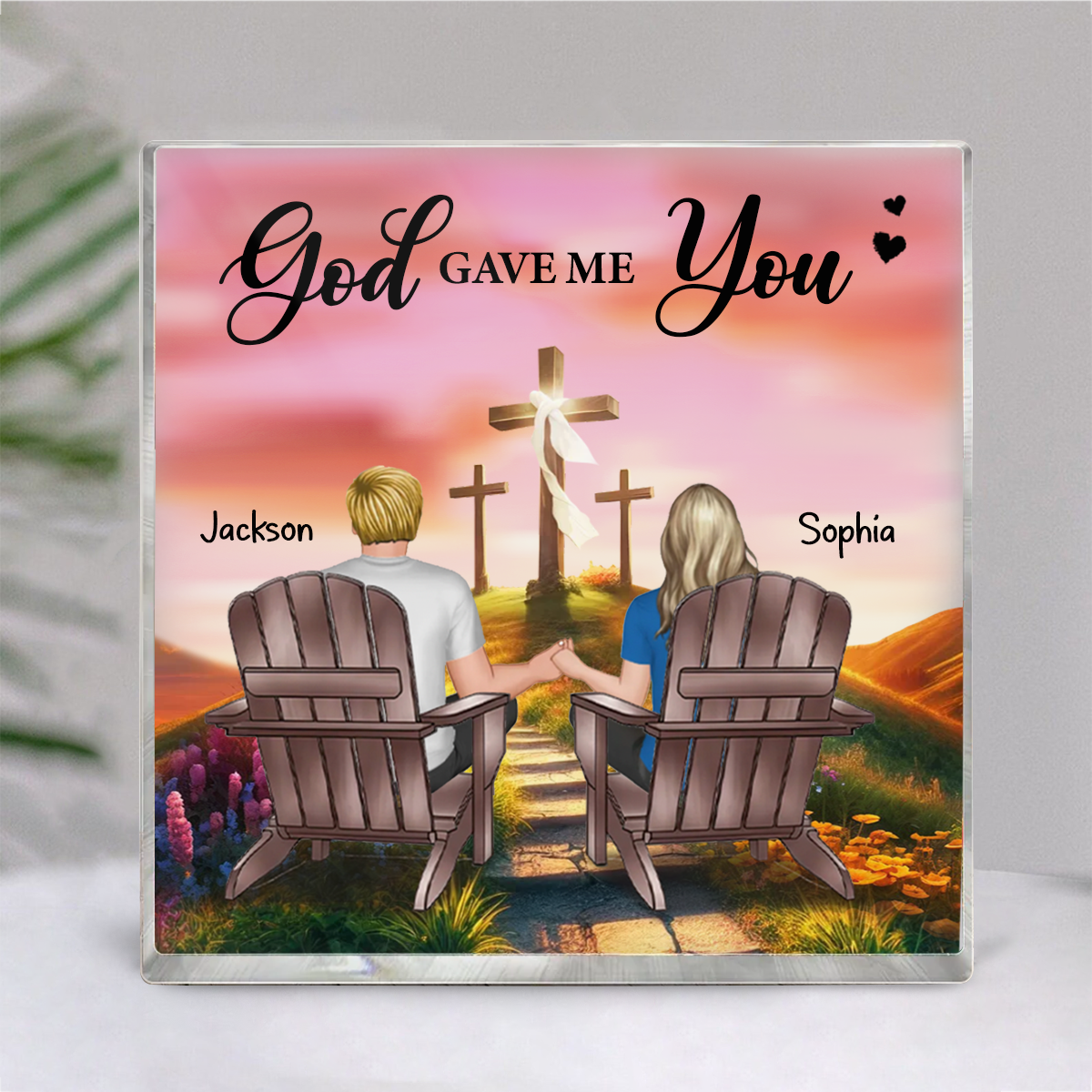 Cross God Knew My Heart Needed You Old Couple Sitting Together Personalized Acrylic Block Plaque, Anniversary Valentine's Day Gift For Him, Her, Husband, Wife