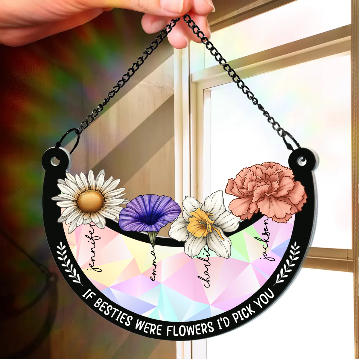 Birth Flower If Besties Were Flowers I'd Pick You - Personalized Window Hanging Rainbow Suncatcher