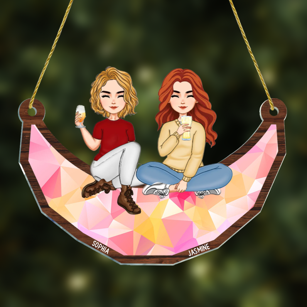 Cartoon Besties Friends Sitting On The Moon - Personalized Window Hanging Ornament