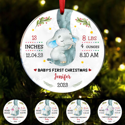 Family - Elephant Baby First Christmas 2023 - Personalized Circle Ornament