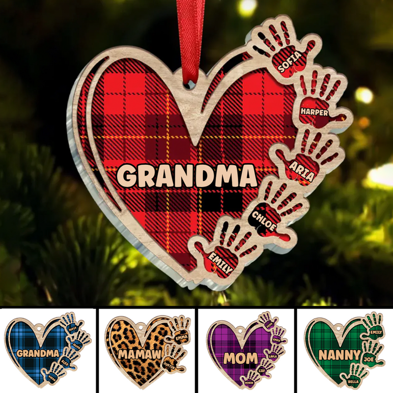 Family - Grandma Mom Heart Hand Print - Personalized Ornament