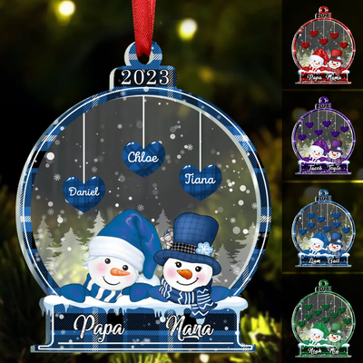 Family -  Sparkling Christmas Snowman Papa Nana Dad Mom Heart Kids In Snowball - Personalized Acrylic Ornament