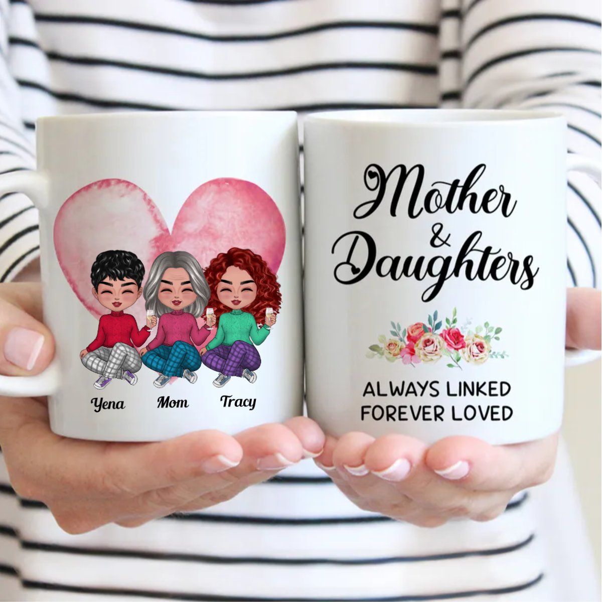 Mother and Daughters Always Linked Forever Loved - Personalized Mug (LI) V2 - Makezbright Gifts