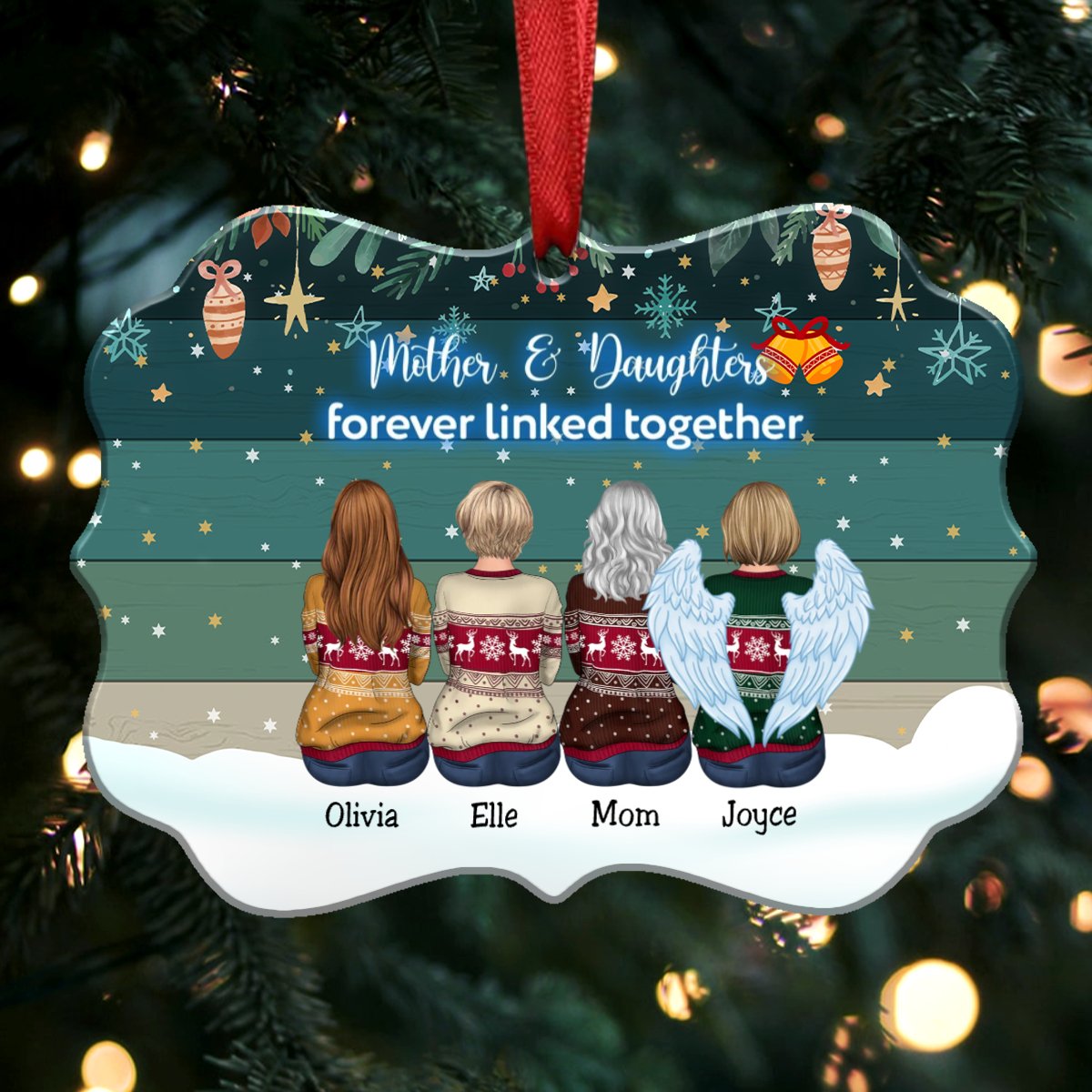 Mother And Daughters Forever Linked Together - Personalized Christmas Ornaments (Green) - Makezbright Gifts