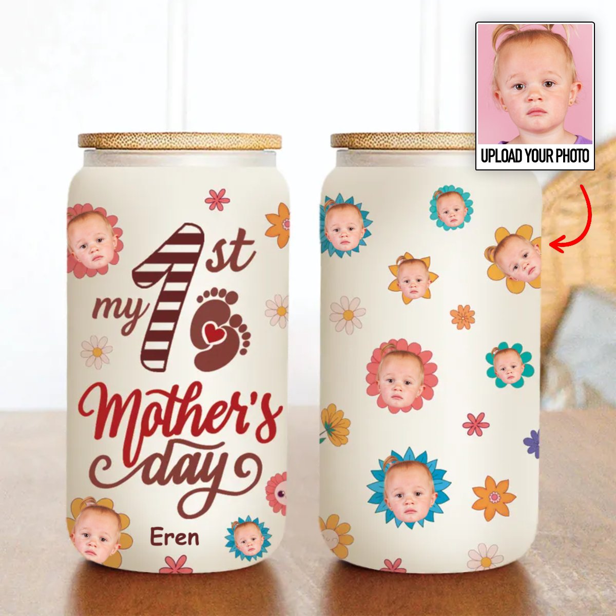 Mother - Happy My 1st Mother's Day Upload Photo - Personalized Glass Can (BU) - Makezbright Gifts