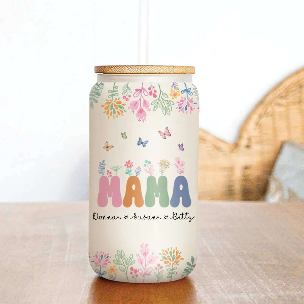 Mother - Mama Grandma Mimi Gigi Floral With Kids Names - Personalize Glass Can (HJ) - Makezbright Gifts