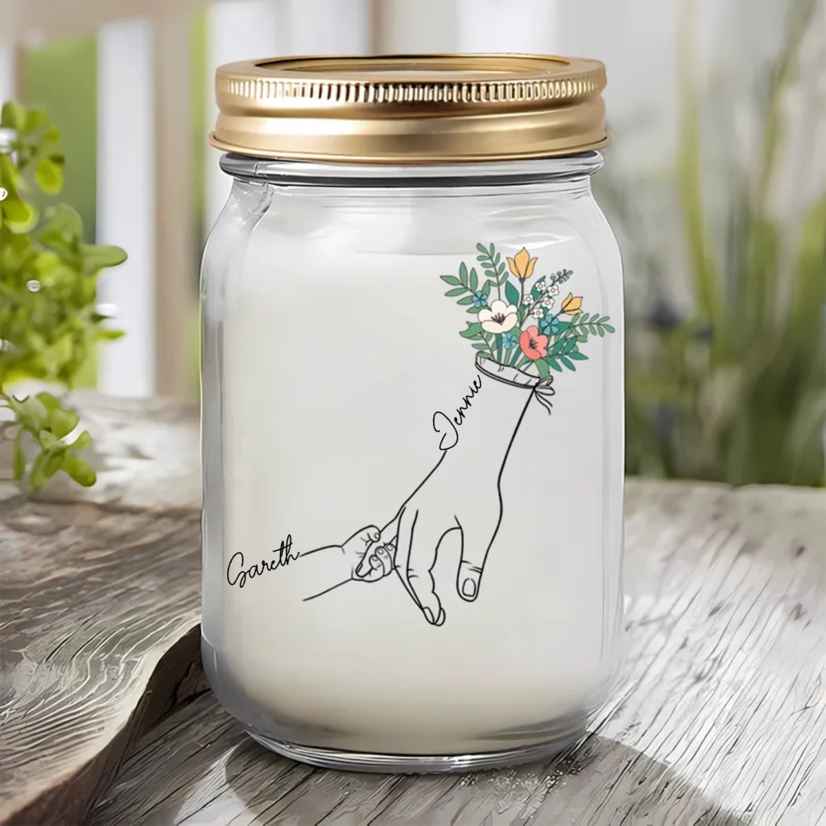 Mother - Mom Grandma Floral Hands Holding - Personalized Mason Jar Light (HJ) - Makezbright Gifts