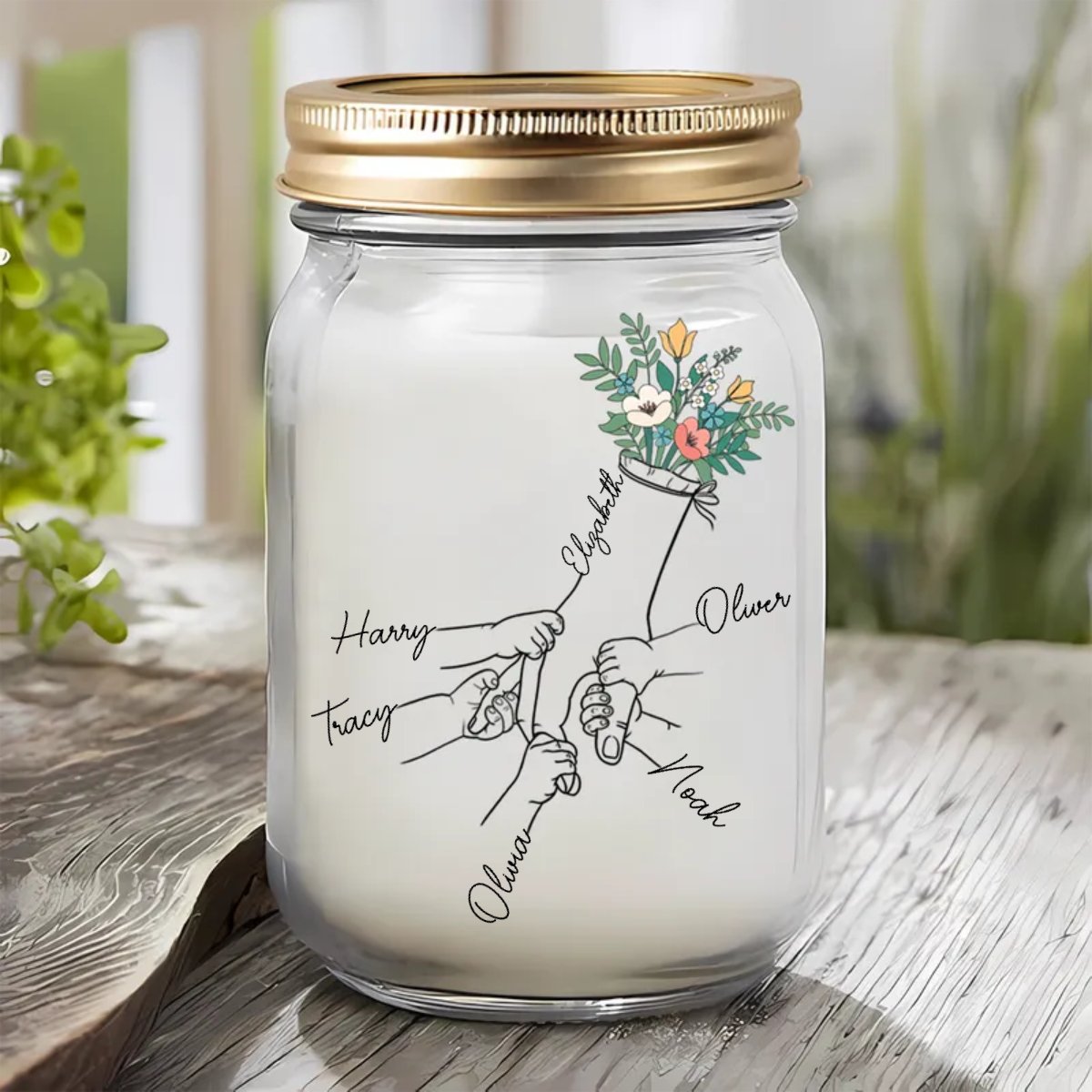 Mother - Mom Grandma Floral Hands Holding - Personalized Mason Jar Light (HJ) - Makezbright Gifts