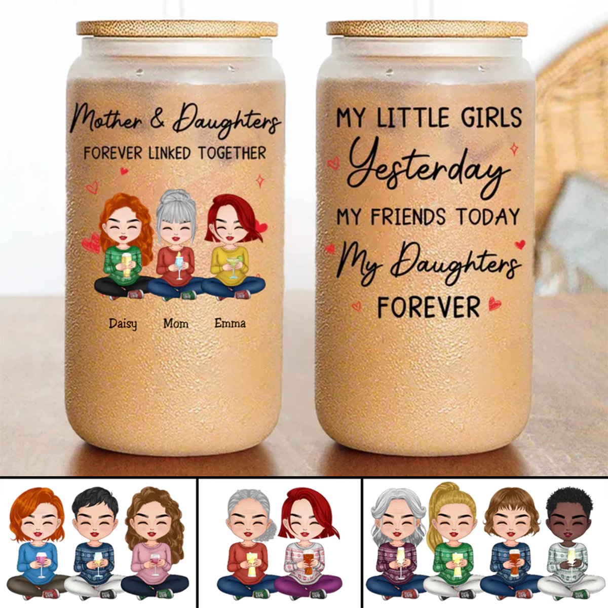 Mother - Mother And Daughters Forever Linked Together - Personalized Glass Can - Makezbright Gifts