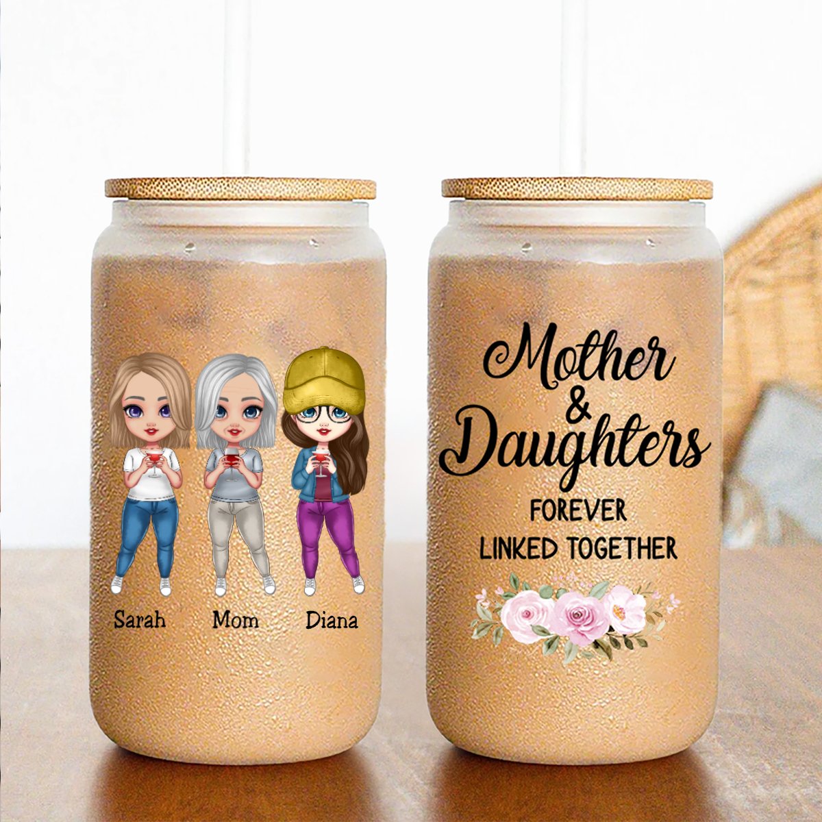 Mother - Mother & Daughter Forever Linked Together - Personalized Glass Can - Makezbright Gifts