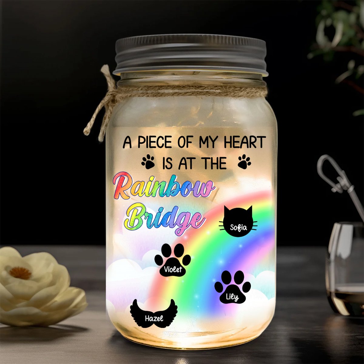 Pet Lovers - A Piece Of My Heart Is At The Rainbow Bridge - Personalized Mason Jar Light - Makezbright Gifts